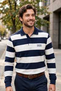 <b>Men's</b> <b>Long</b> <b>Sleeve</b> Polo Shirt Navy <b>White</b> Striped Collar Casual Knitted <b>Top</b> - Product Image 5