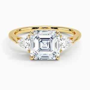 Bague de fiançailles de luxe en or jaune 14 carats avec trois diamants taille Asscher de 3,0 carats et pierres latérales taille Trillion, certifiée IGI, pour femme - Product Image 1