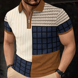Men s Short Sleeve <b>Patchwork</b> Polo <b>Shirt</b> Color Blocked Casual Regular Fit Geometric Print Zip Front T-<b>Shirt</b> - Product Image 1