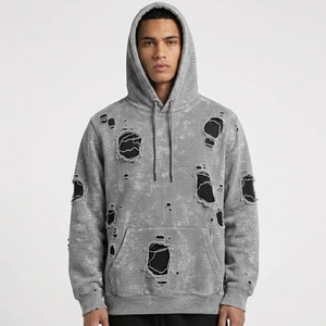 OEM Men's Autumn Waterproof Breathable Eco-Friendly Heavyweight Solid Pattern Cotton Fleece Acid Washed Distressed Front Hoodie - Product Image 2