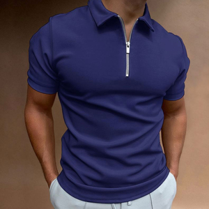 Men's <b>Navy</b> Blue Short Sleeve Zipper <b>Polo</b> <b>Shirt</b> Slim Fit Casual Knitted Solid Color Regular Length - Product Image 1