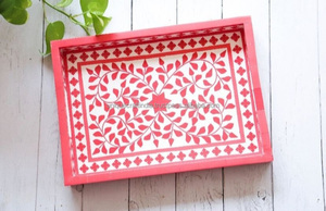 Plateau rectangulaire élégant au design floral vintage Collection d'artisanat de qualité supérieure écologique pour table basse et cuisine Utilisation de l'incrustation d'os - Product Image 6