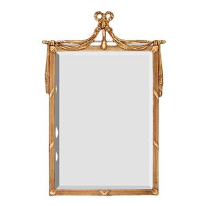 Espejo de pared de madera de estilo lujoso con cinta y pediment de cortinas, acabado en hoja de oro tallado a mano, acento decorativo neoclásico. - Product Image 1