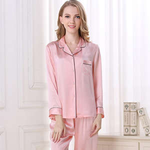 Ensemble pyjama en satin bleu marine pour femme, manches longues, boutonné, vêtements de nuit soyeux, vêtements de détente - Product Image 4