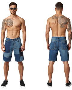 <b>Men</b> Patchwork Denim Bermuda <b>Shorts</b> Mid Waist Button Fly Casual Style with <b>Patches</b> Woven Cotton Fabric - Product Image 1