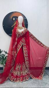 Elegant <b>Red</b> Embroidered Silk <b>Saree</b> With Dupatta Traditional Indian Wedding Wear Floor-Length Women's Dress - Product Image 2