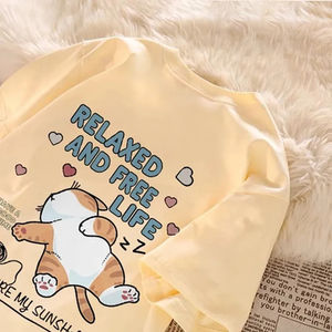 Camiseta de Verano con Estampado de Gato Perezoso de Dibujos Animados, Camiseta de Manga Corta para Parejas, Top Holgado Informal para Mujer - Product Image 1