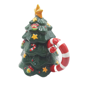 Ceramic Christmas Tree Figurine Green with Yellow Star Top Hand-painted Holiday Glazed Red Candy Cane Handle <b>Battery</b> <b>Operated</b> - Product Image 2