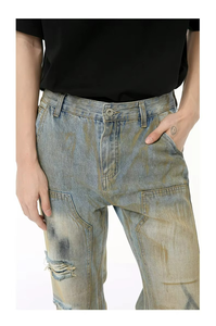 Jeans personnalisés vintage déchirés et imprimés, coupe ample, bleu, pour hommes - Product Image 3