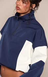 Blouson de motard bleu marine à blocs de couleur contrastés avec fermeture éclair, manches longues, col montant, pour l'automne - Product Image 4