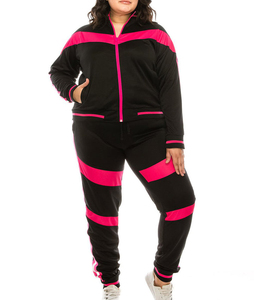 Conjunto deportivo de 2 piezas para mujer, con rayas reflectantes de neón, ecológico, informal, de color liso, con sudadera de manga larga con cremallera y pantalones tipo jogger. - Product Image 1