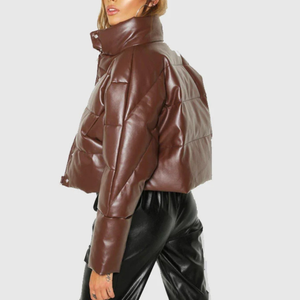 Chaqueta Corta Acolchada de Piel Sintética Marrón para Mujer, Abrigo Grueso y Cálido para Invierno - Product Image 6