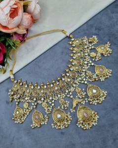 Tear Drop Motif <b>Pearl</b> Fringe <b>Necklace</b> <b>Set</b> With Earrings & Mangtika Gold Plated Wedding Reception Ethnic Jewellery <b>Set</b> Wholesaler - Product Image 2