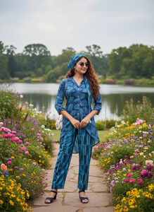 Ensemble coordonné à imprimé floral de haute qualité pour femmes, style ethnique contemporain, kurta asymétrique, pantalon et foulard assortis, pour les occasions spéciales, en polyester. - Product Image 6