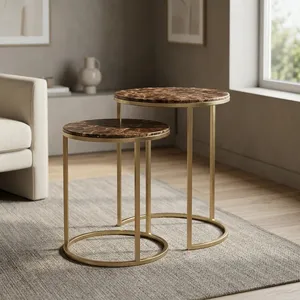 <b>Set</b> Of 2 Iron Wooden <b>Nesting</b> <b>Tables</b> Round Brown Tops Gold Metal Frames Modern Accent Side <b>Tables</b> For Living Room Home Decor - Product Image 5