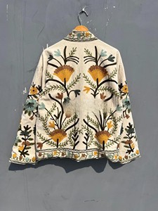 Handcrafted Ivory Cotton <b>Jacket</b> with Intricate Floral Crewel Embroidery and Traditional Indian Artisanal Needlework - Product Image 3
