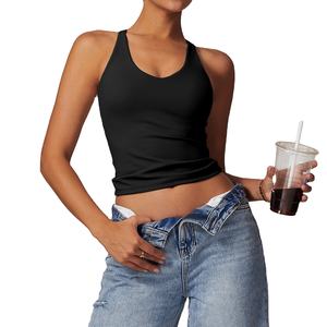 Femmes été recadrée course débardeurs profonde V Compression tricoté vêtements de sport respirant réglable Polyester Logo personnalisé - Product Image 5