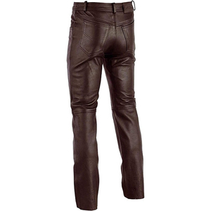 Moto Biker Style Leather Pants Men <b>Slim</b> Fit High Waist Solid Brown Full Length Trousers With Zippers - Product Image 3