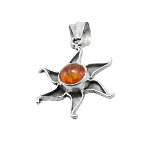 Pendentif en argent sterling 925 en forme de soleil avec pierre précieuse en ambre naturel |   Bijoux bohèmes faits à la main - Product Image 1