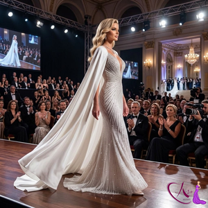 Vestido de Novia Sirena de Lujo con Adornos en Color Marfil |   Vestido de Novia con Cuello en V Profundo y Adornos de Cuentas, con Elegante Cola de Capa, Diseño de Alta Costura - Product Image 2