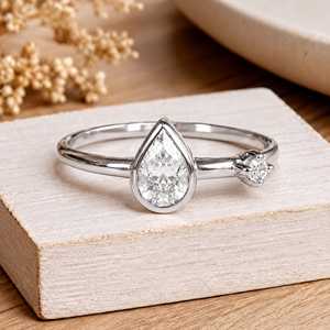 Full Bezel Set Pear And Round IGI Certified Timeless Elegant Design E Color 10k 14k 18k Solid Gold Engagement Ring For Her - Product Image 2