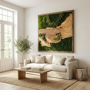 Handmade Wooden Moss Landscape Art <b>Square</b> Rustic Wall Decor Dark Brown <b>Frame</b> Green Foliage Design Home Decoration - Product Image 4