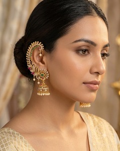 Pendientes de Oreja Ovalados con Jhumka Colgante, Aretes Étnicos Tradicionales para Mujer, Bañados en Oro, Clásicos, Venta al por Mayor - Product Image 2
