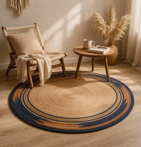 Alfombra Redonda de Yute Trenzado, Estilo Bohemio a Rayas, Pelo Plano, Antideslizante, para Sala de Estar, Hecha a Mano, Ecológica - Product Image 1