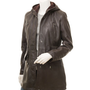 Wholesale <b>Women's</b> Genuine <b>Leather</b> Hooded <b>Jacket</b> Full Sleeve Windproof Winter <b>Long</b> Coat With Zipper Closure Utility Style - Product Image 4