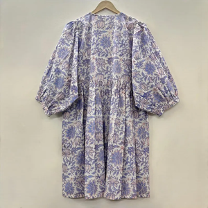 Robe midi décontractée pour femme, toutes saisons, en coton tissé 100%, unie, à manches courtes, taille empire, style babydoll, coupe ample, col en V - Product Image 3