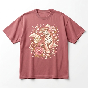 Japanese Tiger Floral T-<b>Shirt</b> | Dusty Rose Pink 240 GSM Heavyweight Cotton Tee with Roaring Tiger Peonies - Product Image 1