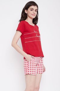 Women's Red Printed T-Shirt With Love Laugh Live Text And Red White Checkered Shorts <b>Elastic</b> Waist Casual Knitted Cotton Set - Product Image 3