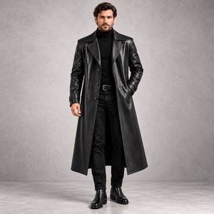 Manteau long en cuir véritable pour homme, col à revers, simple boutonnage, avec poches, coupe classique - Product Image 6