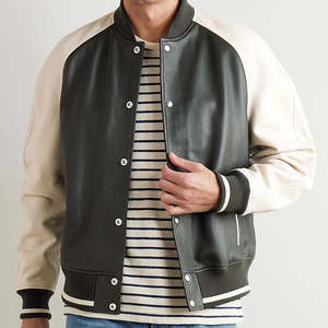 Veste varsity pour homme en crème avec manches en cuir noir, col rabattu, fermeture à un bouton, style décontracté d'automne - Product Image 3