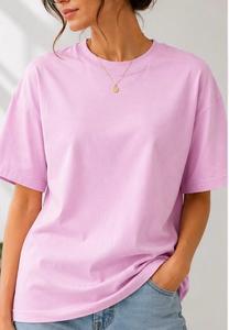 Camiseta Casual de Mujer, Cuello Redondo, Manga Corta, Corte Holgado, Color Rosa Sólido, Tejido de Punto Jersey, 100% Algodón, Para Todas las Temporadas, Largo Regular - Product Image 4