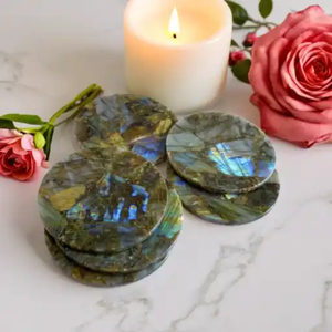 Hand Polished Labradorite Stone Coasters | Natural Semi Precious 4 Inch Durable Drink Coaster Set | Elegant Tableware Decor | - Product Image 1