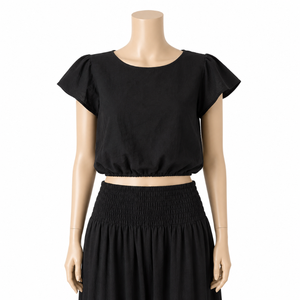 Chemisier ample noir en coton à manches volantées pour femme grande taille, col rond, coupe décontractée, style bohème estival, tunique légère pour la plage - Product Image 1