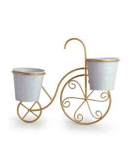 Jardinera de Pared Metálica con Forma de Bicicleta, Marco Dorado, Macetas Blancas, Decoración Exterior, Estilo Rústico, Fácil Instalación - Product Image 2