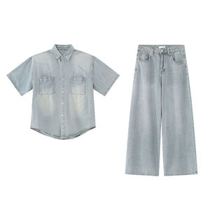 Custom Men's 2-Piece Denim Jeans Shirt and <b>Trousers</b> Set Loose Fit Button-Up Collar 100% Cotton OEM Service - Product Image 1