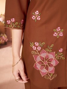 Women's Brown Cotton Embroidered <b>Kurta</b> Set Regular Fit Casual <b>Indian</b>/Pakistani Style Ankle-Length Traditional Wear Quick Dry - Product Image 6