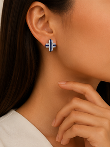 Pendientes de Plata de Ley 925 con Baño de Rodio, Zafiro Azul, Circonita Cúbica Blanca, Diseño Geométrico Art Deco, para Compromiso y Boda - Product Image 5