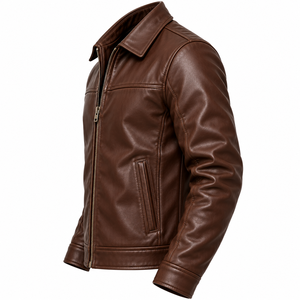 Chaqueta de Motociclista de Cuero Genuino Marrón para Hombre con Cuello Alto y Cierre Frontal Ecológico - Product Image 4