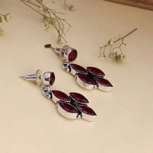 Natural <b>Red</b> Garnet Marquise Cluster Drop <b>Earrings</b> Silver Plated Brass Vintage Handmade Gemstone Gift for Women RUHAN GEMS ER-087 - Product Image 4