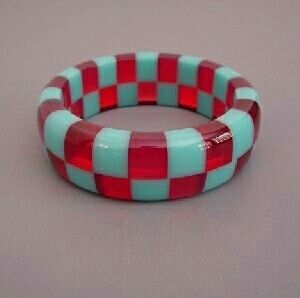 Geometric Checkered Resin Bangle <b>Red</b> and Turquoise Unisex Trendy <b>Bracelet</b> - Product Image 3