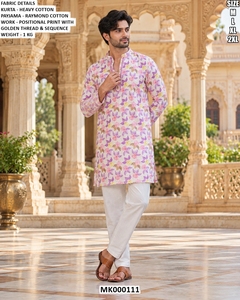 Conjunto de Kurta y Pijama de Algodón Estampado Multicolor Rosa para Hombre con Trabajo de Hilo Dorado, Ropa Étnica - Product Image 4