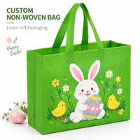 Sacs fourre-tout réutilisables en tissu non tissé écologique, imprimé lapin de Pâques vert lime, œufs colorés et poussins sur prairie, avec logo personnalisé