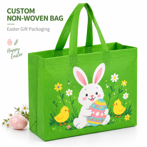 Sacs fourre-tout réutilisables en tissu non tissé écologique, imprimé lapin de Pâques vert lime, œufs colorés et poussins sur prairie, avec logo personnalisé - Product Image 1