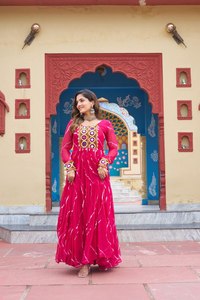 Casual Wear Regular Fit Women Ankle-Length India Pakistan Style Faux Georgette Laheriya Print Work With Kutchi Patchwork Gown - Product Image 3