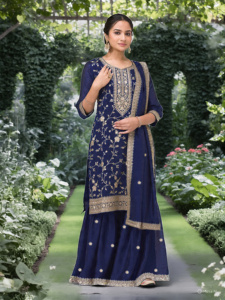 Presentamos un conjunto de salwar kameez de diseño personalizado y cómodo, con tela de seda Vichitra de alta calidad y gran volumen, y dupatta. - Product Image 6