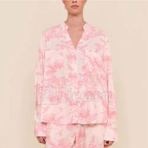 Pijamas de mujer al por mayor, conjunto de pijama sexy con cuello en V, elástico, de sublimación de color, para dormir - Product Image 1